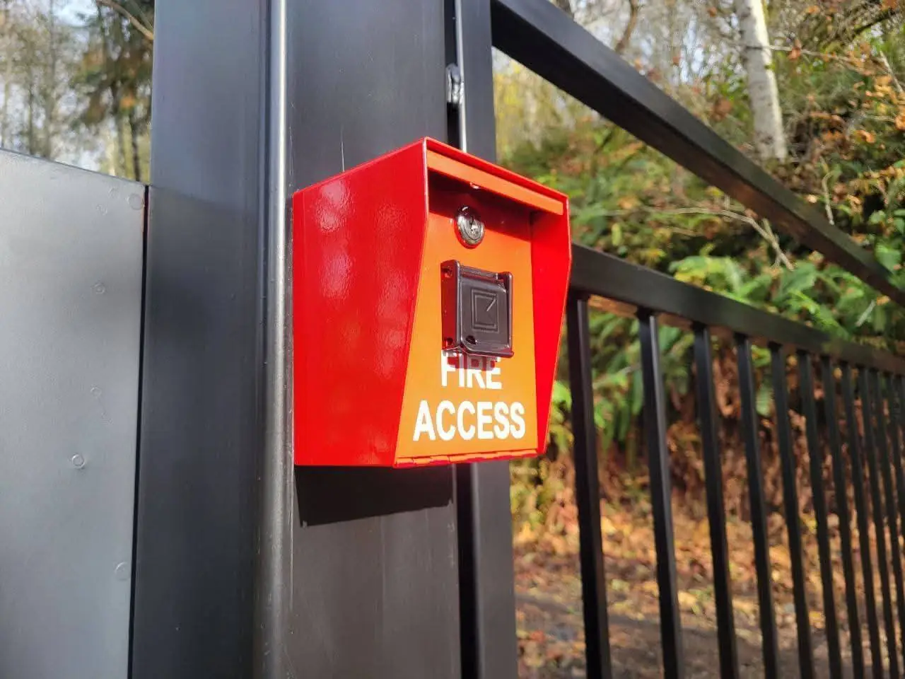 Automated black swing gate with a fire department access box at a rural driveway entrance
